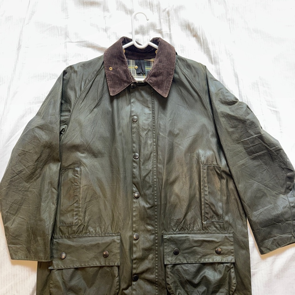 Barbour Olive Waxed Jacket with Corduroy Collar
